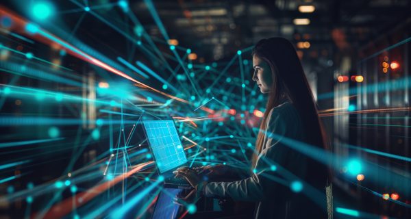A woman sitting in front of a laptop computer, focusing on her work.