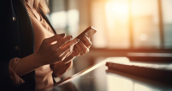 Young woman typing on smart phone indoors generated by artificial intelligence